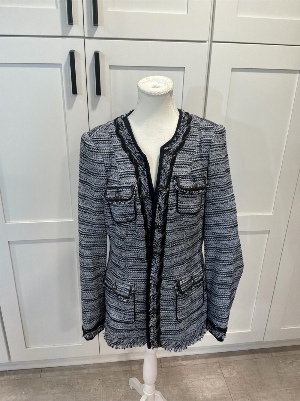 White House Black Market Navy Blue Tweed Freyed Edge Blazer Jacket Sz 14 WHBM